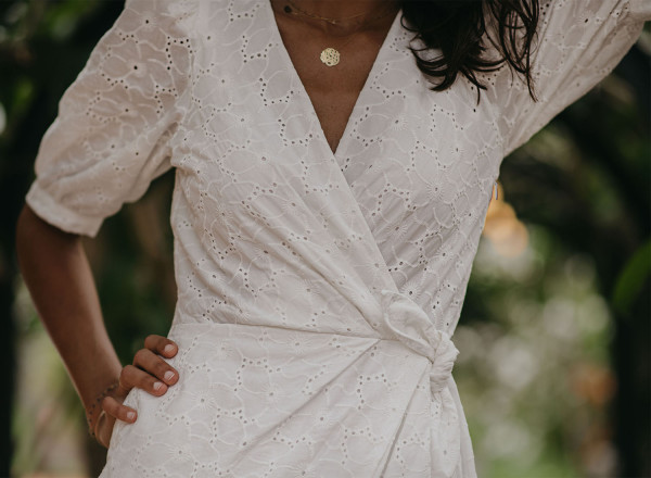 White Mazarine dress in English embroidery